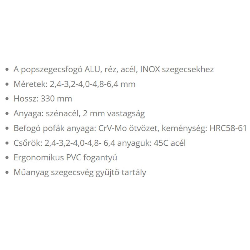 SZEGECSHÚZÓ KÉTKAROS ALU,RÉZ,ACÉL,INOX, 2,4-6,4, FORTUM 4770614 SZEGECSELŐ ESZKÖZÖK
