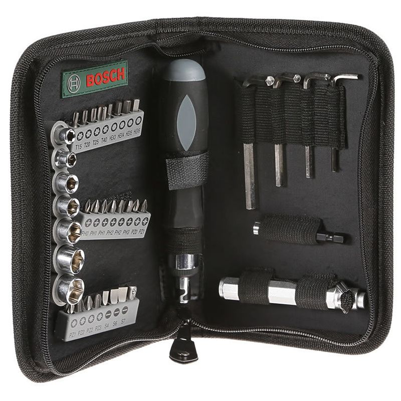 BOSCH 2607019506 DUGÓKULCS+BIT KÉSZLET 38RÉSZES RACSNIS + ZSEBLÁMPA  SZERSZÁM-KULCSOK