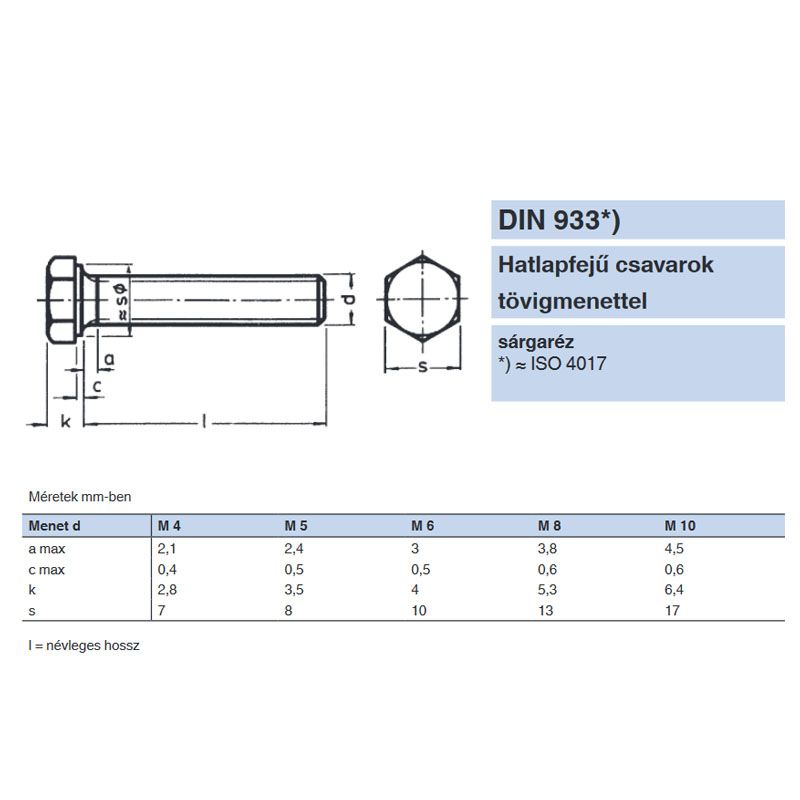 HLF CSAVAR M6*12 DIN 933 SÁRGARÉZ TM  METRIKUS SÁRGARÉZ CSAVAROK