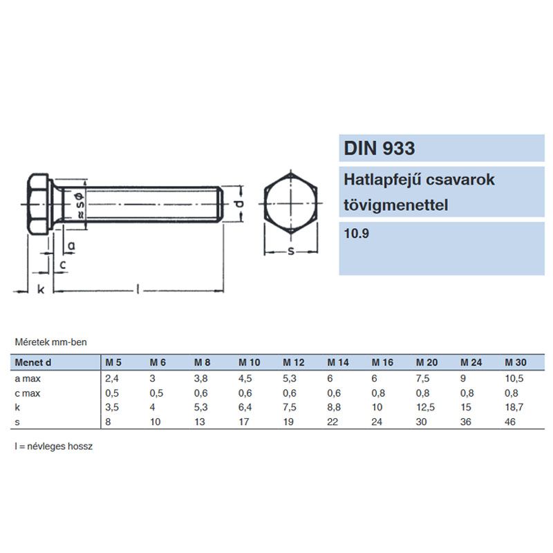 HLF CSAVAR M10*70 DIN 933-10.9 NAT. TM IMPORT METRIKUS CSAVAROK